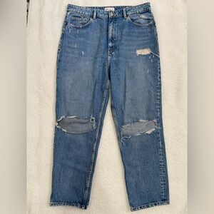 Zara Womens Distressed Denim Straight Leg with Cute Floral Patch